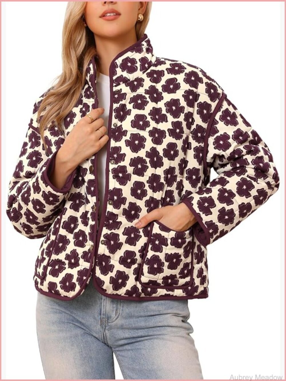 Cropped Floral Puffer Quilted Button Front Vintage Jacket Coat Outerwear